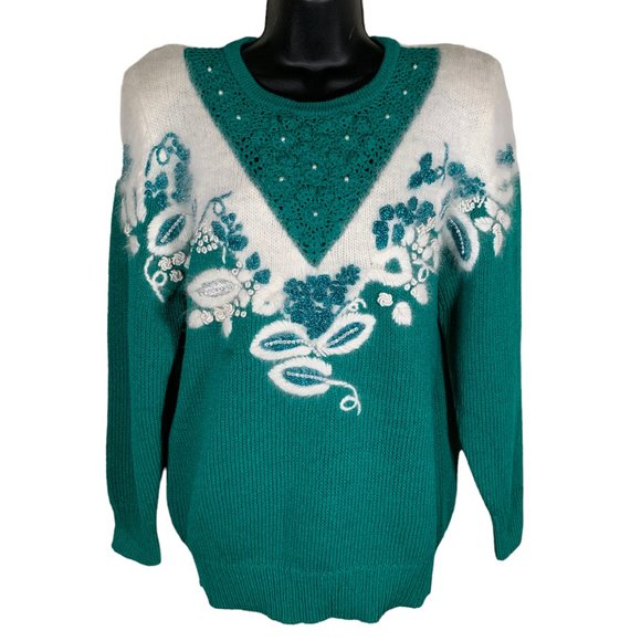 Christine Sweaters - Vintage Christine Womens Medium Sweater Green Angora Pullover 80s Elegant